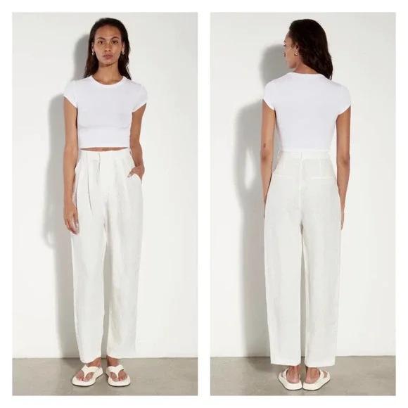 ENZA COSTA Tapered Pleated Pant Womens 25 White Linen Trouser Undyed High Waist - Picture 1 of 16